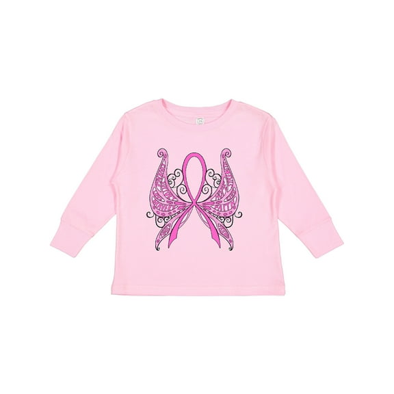 Inktastic Breast Cancer Awareness with Butterfly Ribbon Words Boys or Girls Long Sleeve Toddler T-Shirt