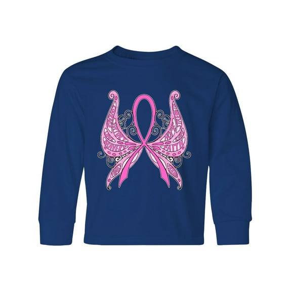 Inktastic Breast Cancer Awareness with Butterfly Ribbon Words Long Sleeve Youth T-Shirt