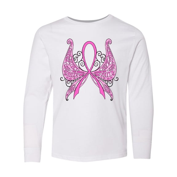 Inktastic Breast Cancer Awareness with Butterfly Ribbon Words Long Sleeve Youth T-Shirt