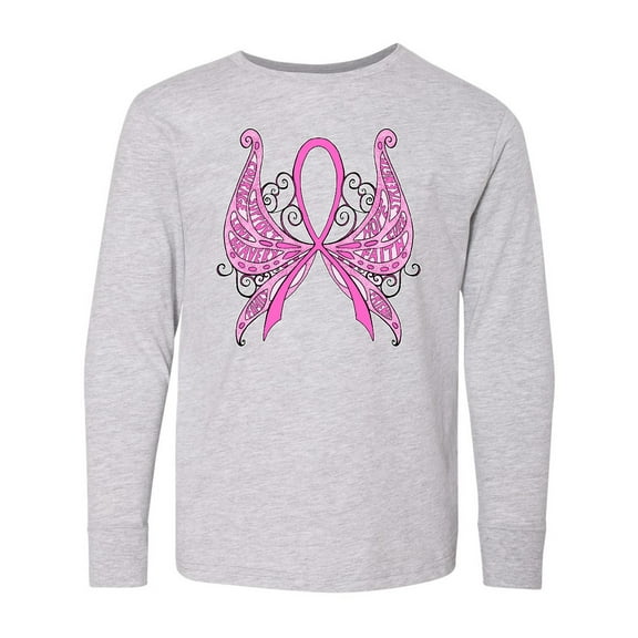 Inktastic Breast Cancer Awareness with Butterfly Ribbon Words Long Sleeve Youth T-Shirt