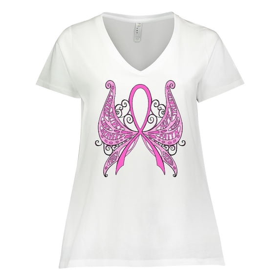 Inktastic Breast Cancer Awareness with Butterfly Ribbon Words Women's Plus Size V-Neck T-Shirt