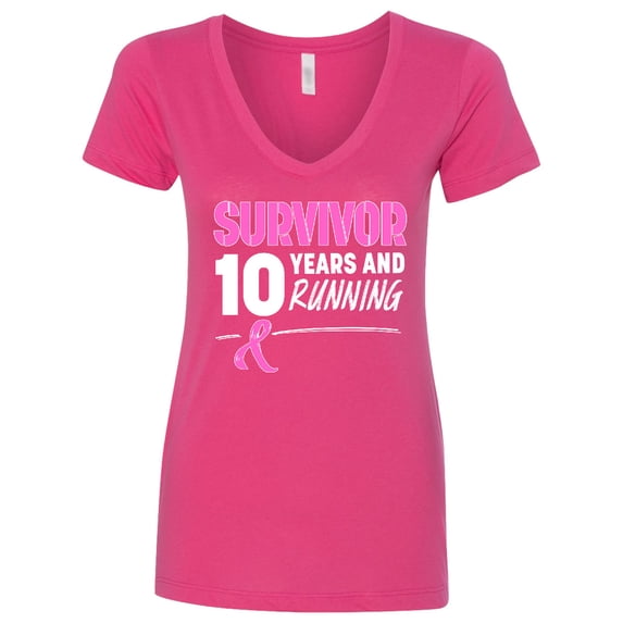 Inktastic Breast Cancer Survivor 10 Years and Running with Pink Ribbon Women's V-Neck T-Shirt