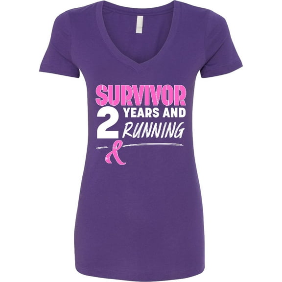 Inktastic Breast Cancer Survivor 2 Years and Running with Pink Ribbon Women's V-Neck T-Shirt