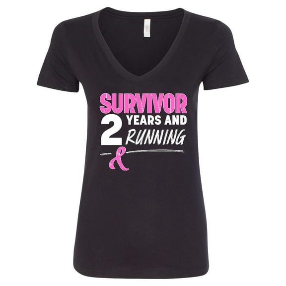 Inktastic Breast Cancer Survivor 2 Years and Running with Pink Ribbon Women's V-Neck T-Shirt