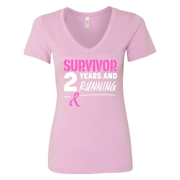 Inktastic Breast Cancer Survivor 2 Years and Running with Pink Ribbon Women's V-Neck T-Shirt