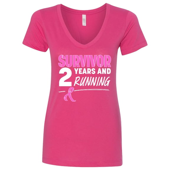 Inktastic Breast Cancer Survivor 2 Years and Running with Pink Ribbon Women's V-Neck T-Shirt