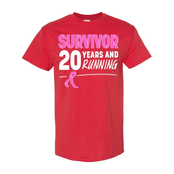 Inktastic Breast Cancer Survivor 20 Years and Running with Pink Ribbon T-Shirt