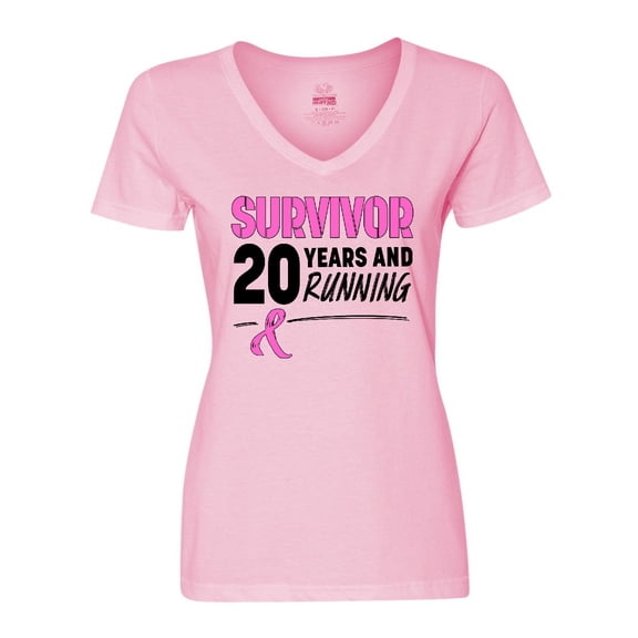 Inktastic Breast Cancer Survivor 20 Years and Running with Pink Ribbon Women's V-Neck T-Shirt