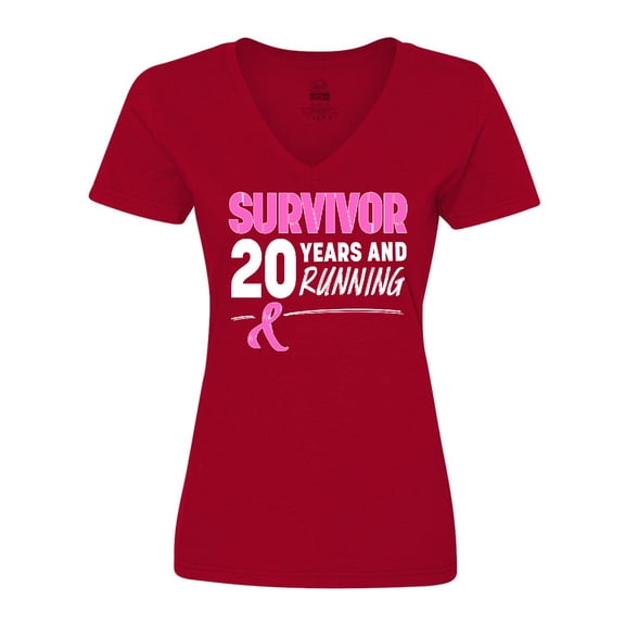 Inktastic Breast Cancer Survivor 20 Years and Running with Pink Ribbon Women's V-Neck T-Shirt