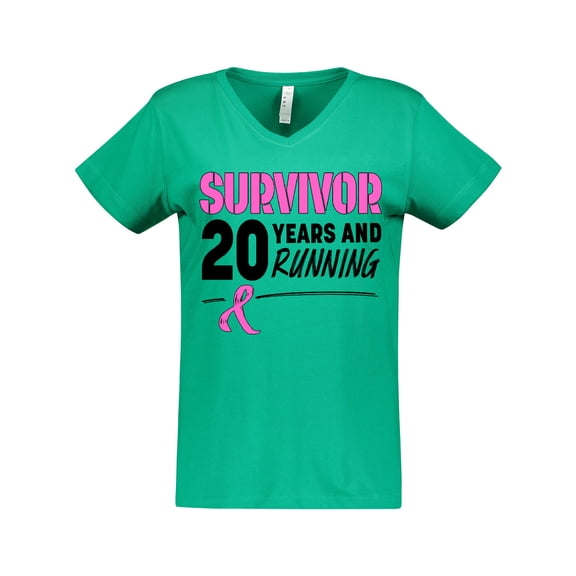 Inktastic Breast Cancer Survivor 20 Years and Running with Pink Ribbon Women's V-Neck T-Shirt