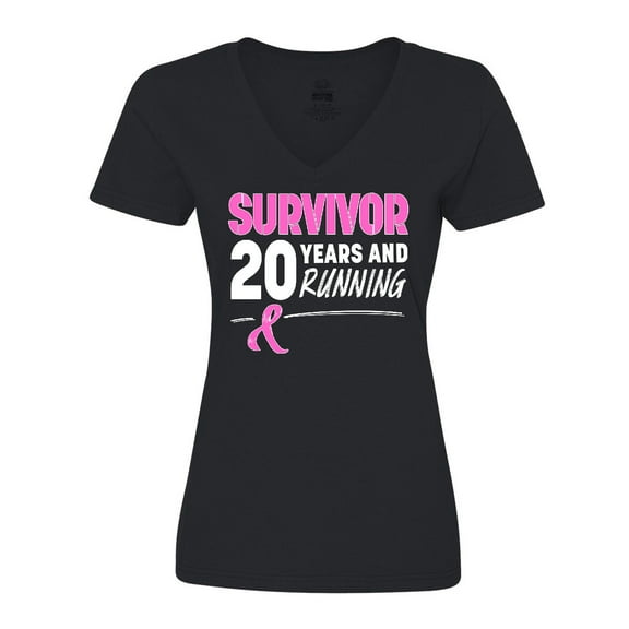 Inktastic Breast Cancer Survivor 20 Years and Running with Pink Ribbon Women's V-Neck T-Shirt