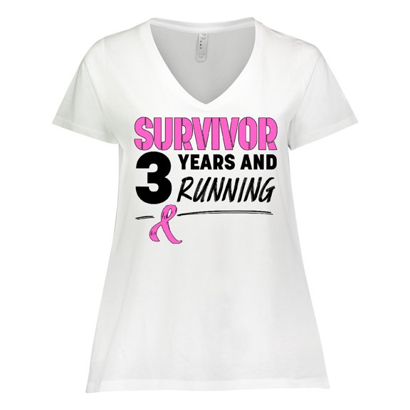 Inktastic Breast Cancer Survivor 3 Years and Running with Pink Ribbon Women's Plus Size V-Neck T-Shirt