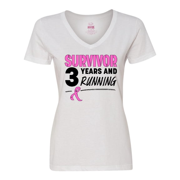Inktastic Breast Cancer Survivor 3 Years and Running with Pink Ribbon Women's V-Neck T-Shirt