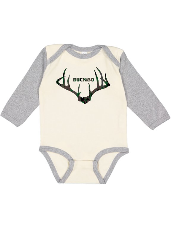 Buck:30 in Camo Boys or Girls Long Sleeve Baby Bodysuit