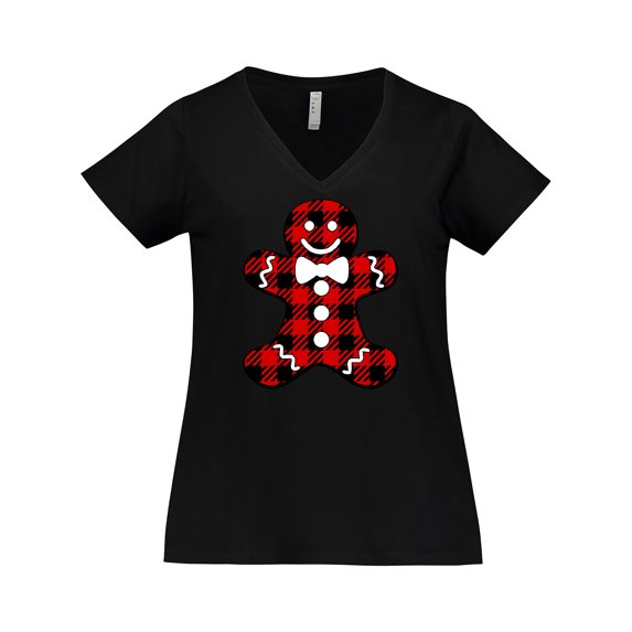 Inktastic Buffalo Plaid Gingerbread Man Women's Plus Size V-Neck T-Shirt