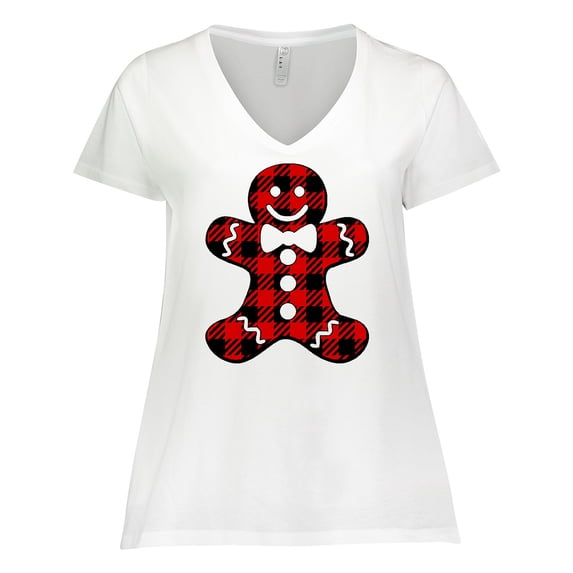 Inktastic Buffalo Plaid Gingerbread Man Women's Plus Size V-Neck T-Shirt