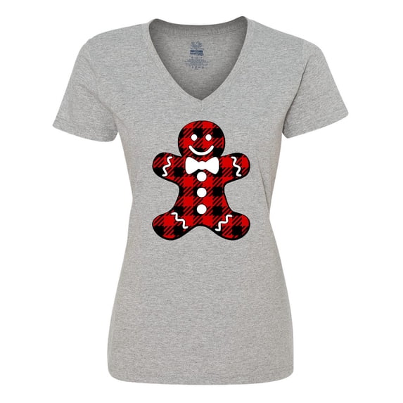 Inktastic Buffalo Plaid Gingerbread Man Women's V-Neck T-Shirt