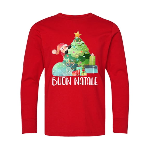 Inktastic Buon Natale Cute Santa and Christmas Tree Long Sleeve Youth T-Shirt