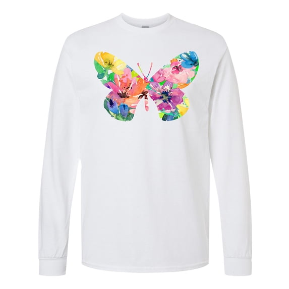 Inktastic Butterfly Shape with Colorful Flowers Long Sleeve T-Shirt