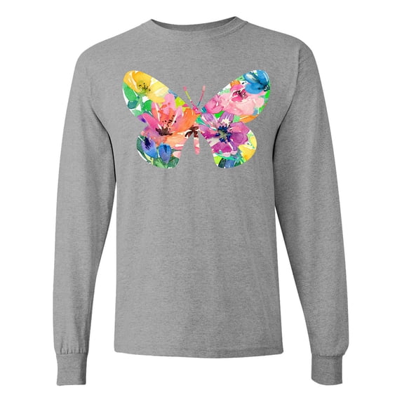 Inktastic Butterfly Shape with Colorful Flowers Long Sleeve T-Shirt