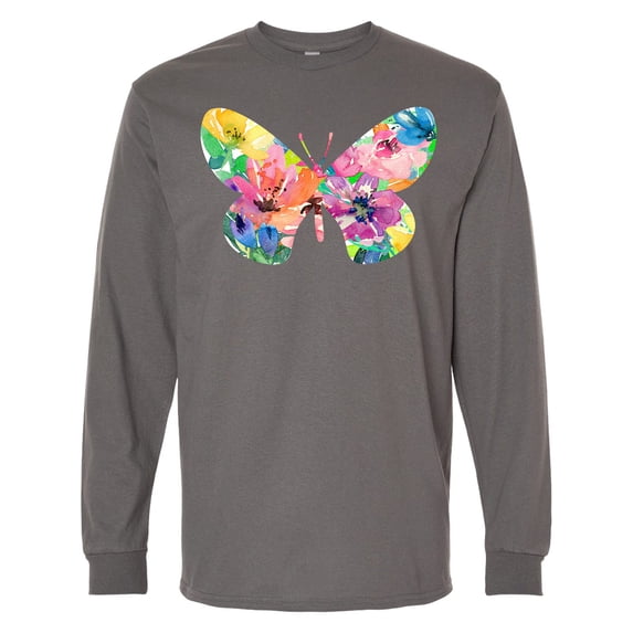 Inktastic Butterfly Shape with Colorful Flowers Long Sleeve T-Shirt