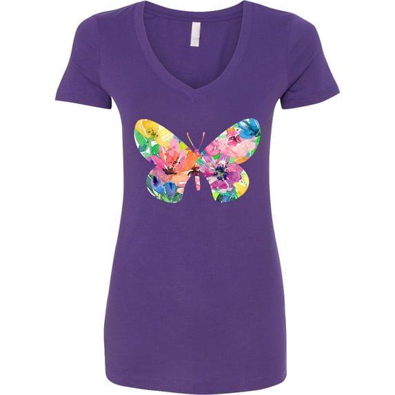 Inktastic Butterfly Shape with Colorful Flowers Women's V-Neck T-Shirt
