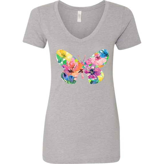 Inktastic Butterfly Shape with Colorful Flowers Women's V-Neck T-Shirt