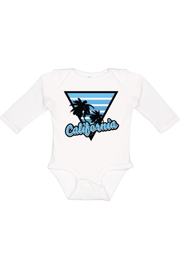 California with Triangle and Palm Trees in Blue Boys or Girls Long Sleeve Baby Bodysuit