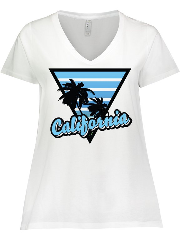 California with Triangle and Palm Trees in Blue Women's Plus Size V-Neck T-Shirt