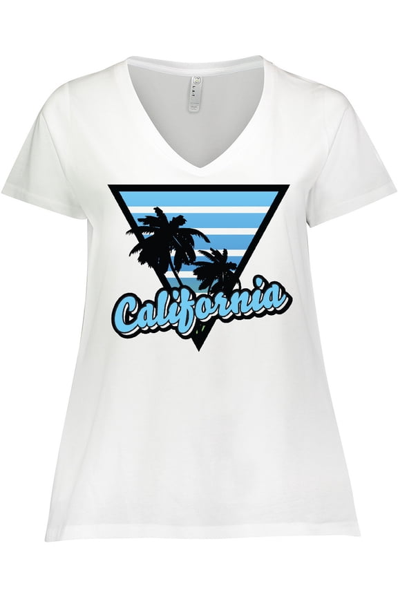 California with Triangle and Palm Trees in Blue Women's Plus Size V-Neck T-Shirt