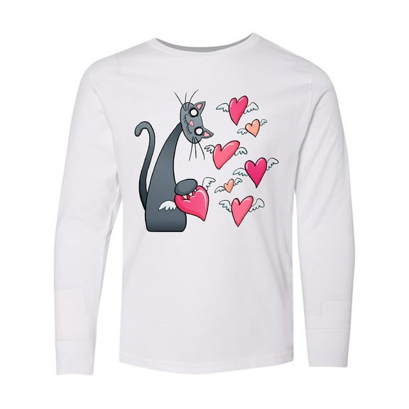 Inktastic Cat Versus Valentine’s Day Hearts with Wings Long Sleeve Youth T-Shirt