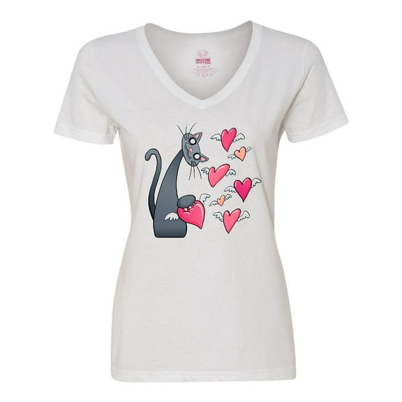 Inktastic Cat Versus Valentine’s Day Hearts with Wings Women's V-Neck T-Shirt