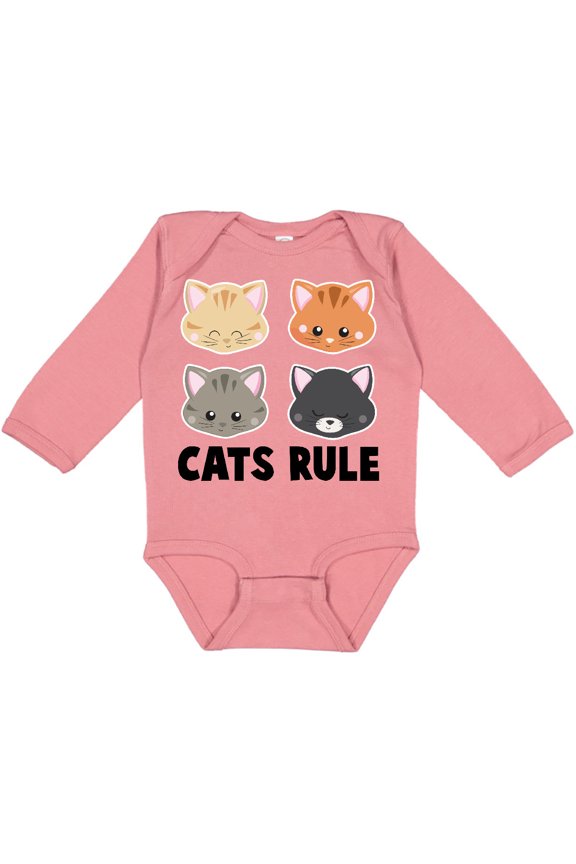 Cats Rule with Cat Heads Boys or Girls Long Sleeve Baby Bodysuit