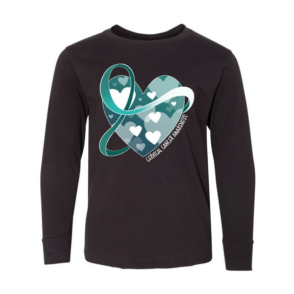 Inktastic Cervical Cancer Awareness Teal and White Ribbon Around Heart Long Sleeve Youth T-Shirt