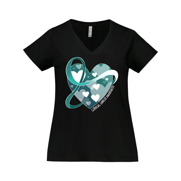 Inktastic Cervical Cancer Awareness Teal and White Ribbon Around Heart Women's Plus Size V-Neck T-Shirt