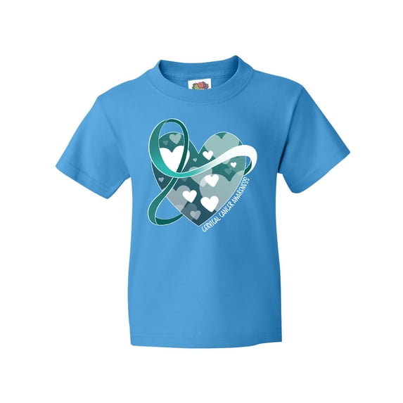 Inktastic Cervical Cancer Awareness Teal and White Ribbon Around Heart Youth T-Shirt