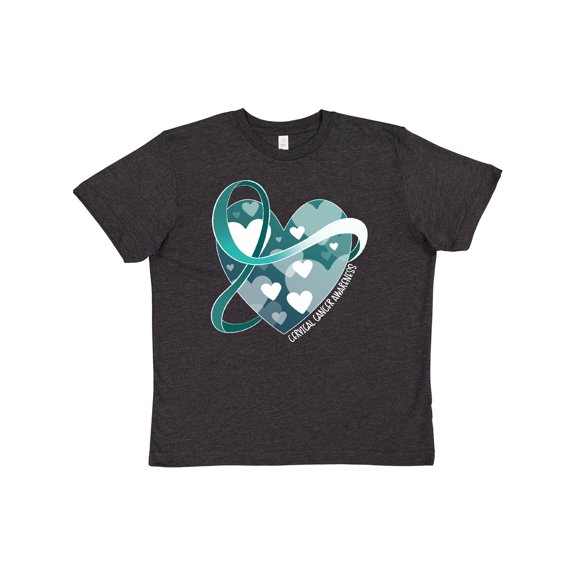 Inktastic Cervical Cancer Awareness Teal and White Ribbon Around Heart Youth T-Shirt