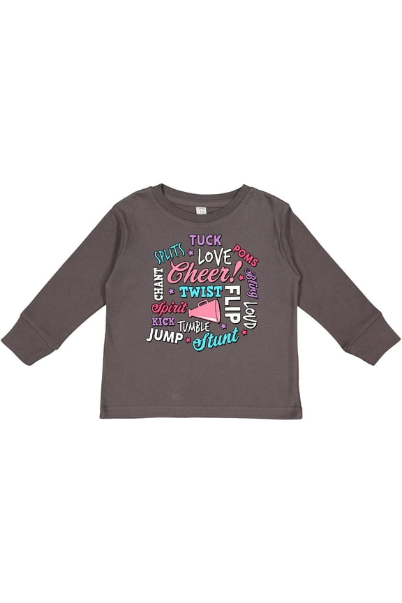 Cheer Word Salad with Megaphone and Stars with Black Outline Girls Long Sleeve Toddler T-Shirt