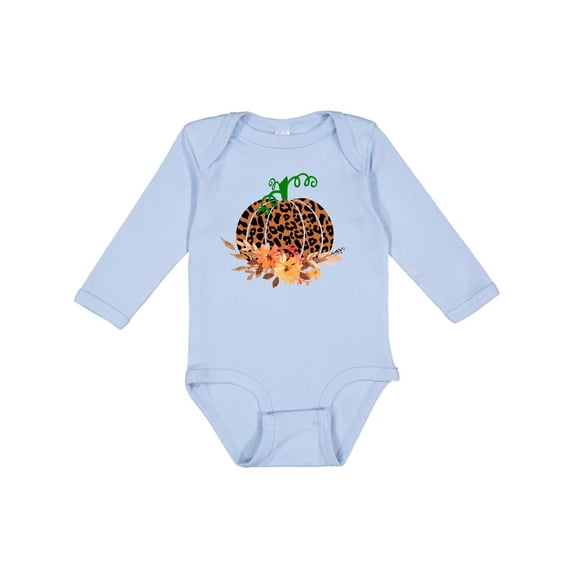 Inktastic Cheetah Print Pretty Pumpkin with Fall Leaves Boys or Girls Long Sleeve Baby Bodysuit
