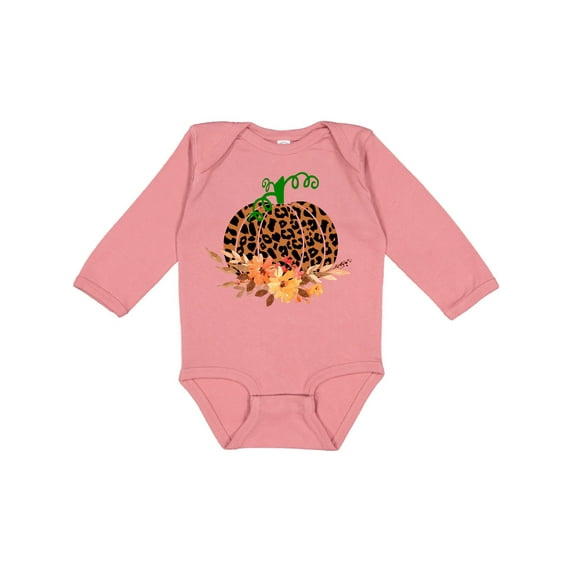 Inktastic Cheetah Print Pretty Pumpkin with Fall Leaves Boys or Girls Long Sleeve Baby Bodysuit