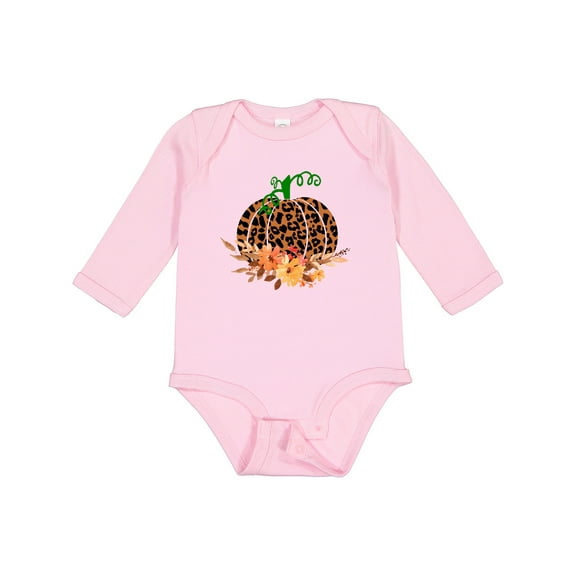Inktastic Cheetah Print Pretty Pumpkin with Fall Leaves Boys or Girls Long Sleeve Baby Bodysuit