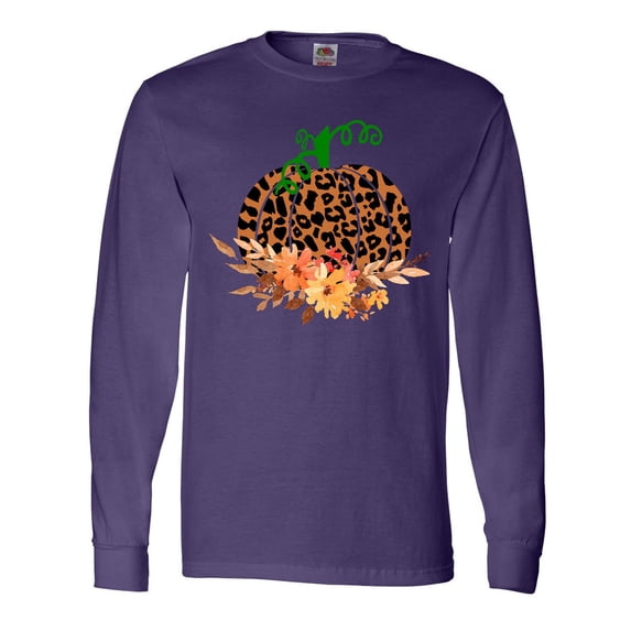 Inktastic Cheetah Print Pretty Pumpkin with Fall Leaves Long Sleeve T-Shirt