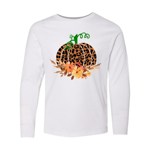 Inktastic Cheetah Print Pretty Pumpkin with Fall Leaves Long Sleeve Youth T-Shirt