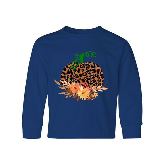 Inktastic Cheetah Print Pretty Pumpkin with Fall Leaves Long Sleeve Youth T-Shirt