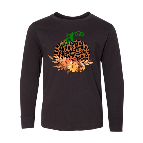 Inktastic Cheetah Print Pretty Pumpkin with Fall Leaves Long Sleeve Youth T-Shirt