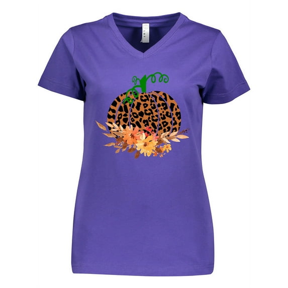 Inktastic Cheetah Print Pretty Pumpkin with Fall Leaves Women's V-Neck T-Shirt