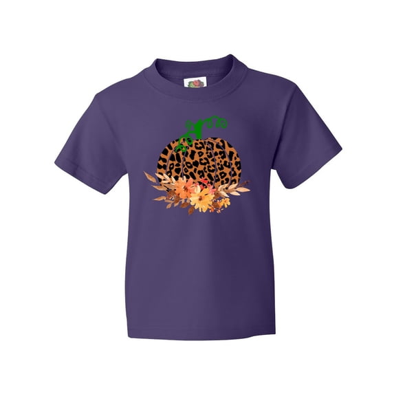 Inktastic Cheetah Print Pretty Pumpkin with Fall Leaves Youth T-Shirt