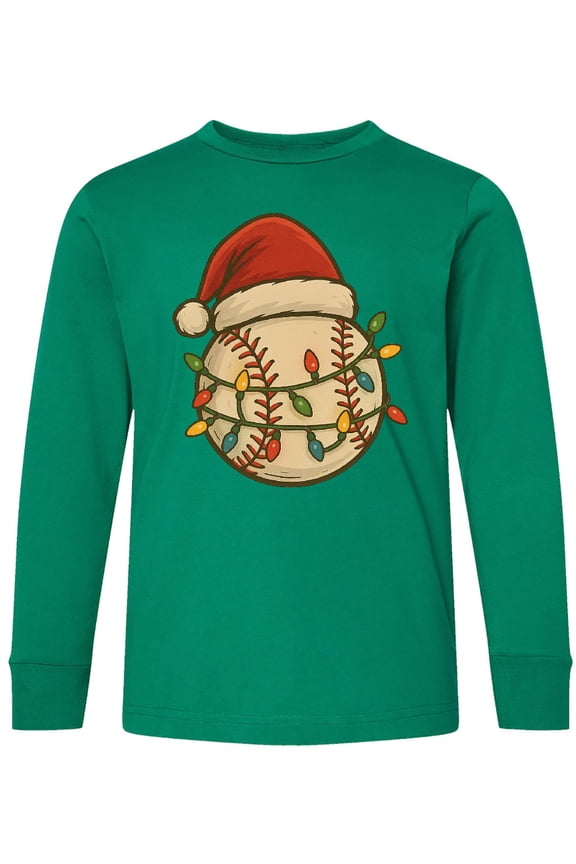 Christmas Baseball Santa Hat Lights Long Sleeve Youth T-Shirt