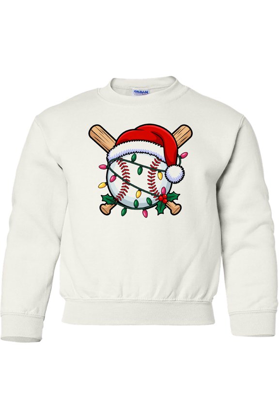 Christmas Baseball Santa Hat Lights Youth Sweatshirt