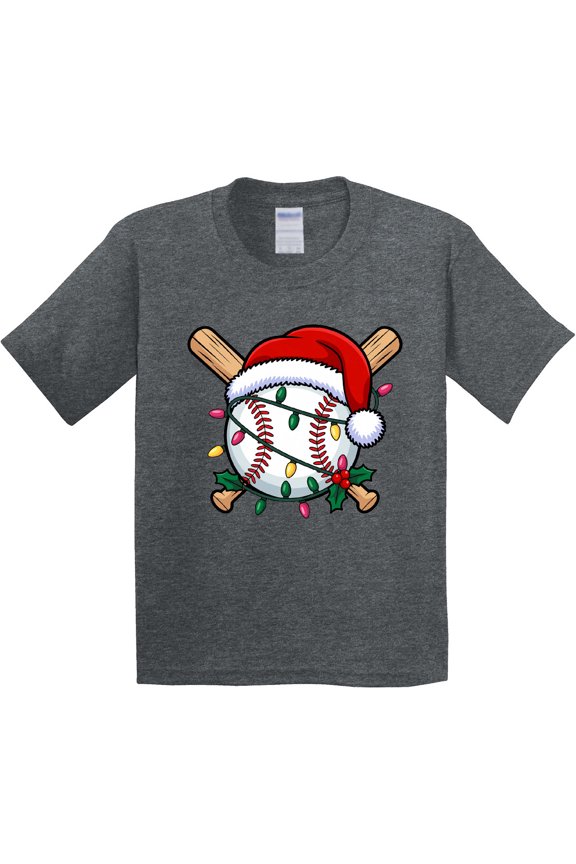 Christmas Baseball Santa Hat Lights Youth T-Shirt
